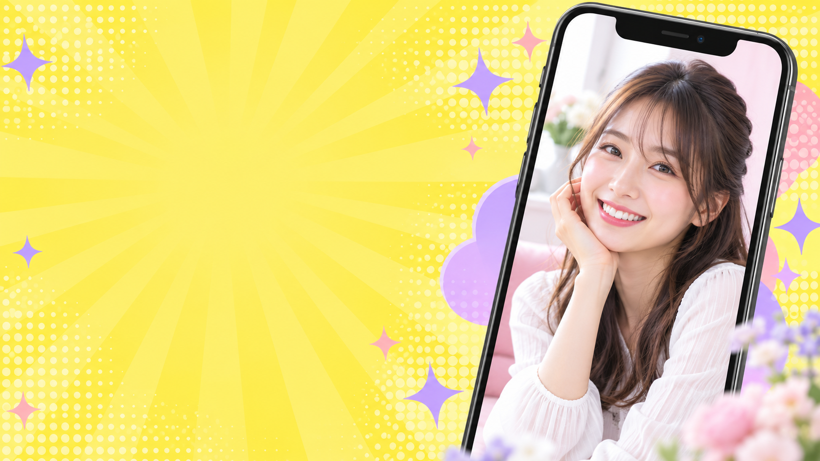 黄色いポップな背景と、スマートフォン画面で微笑む女性のイメージ