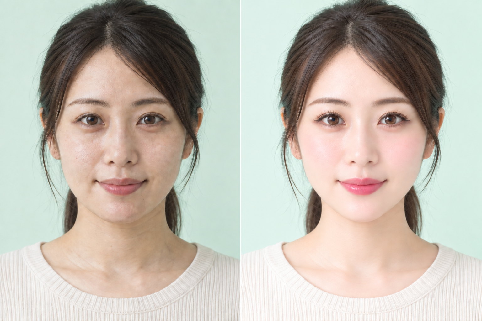 同じ女性の自然な映り方と、肌の明るさ・目元・メイク感を強めに調整した映り方の比較イメージ