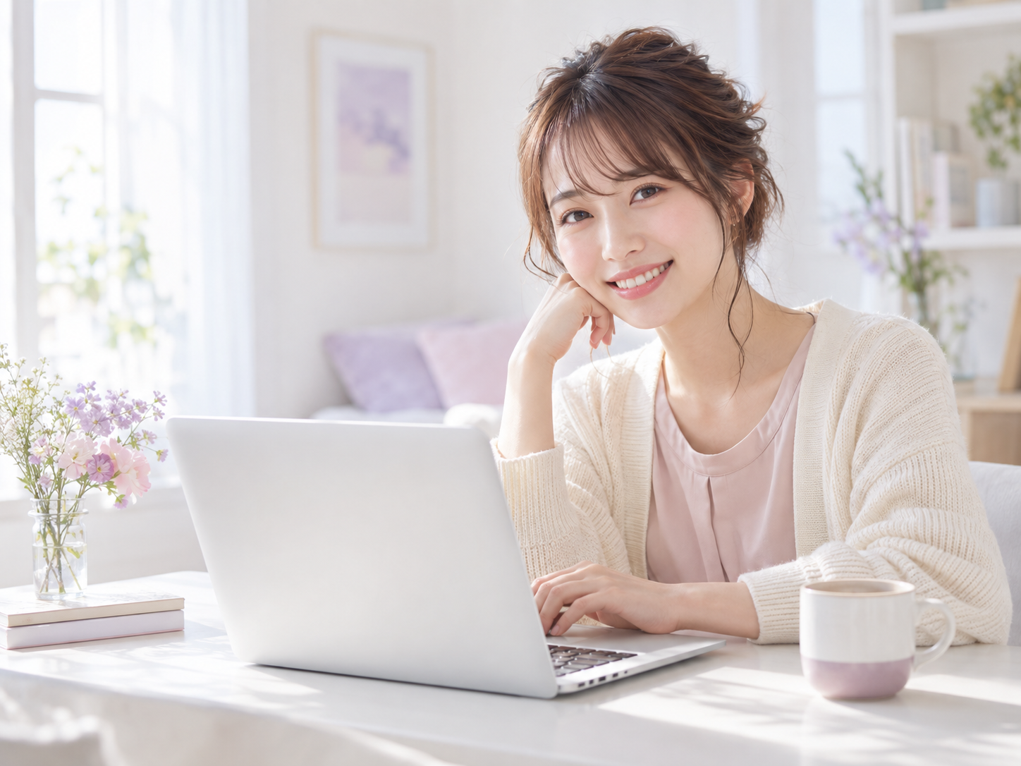 明るい部屋でノートパソコンを使う女性のイメージ